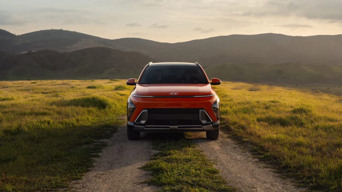 Front view of the 2026 Hyundai Kona in a grassy field