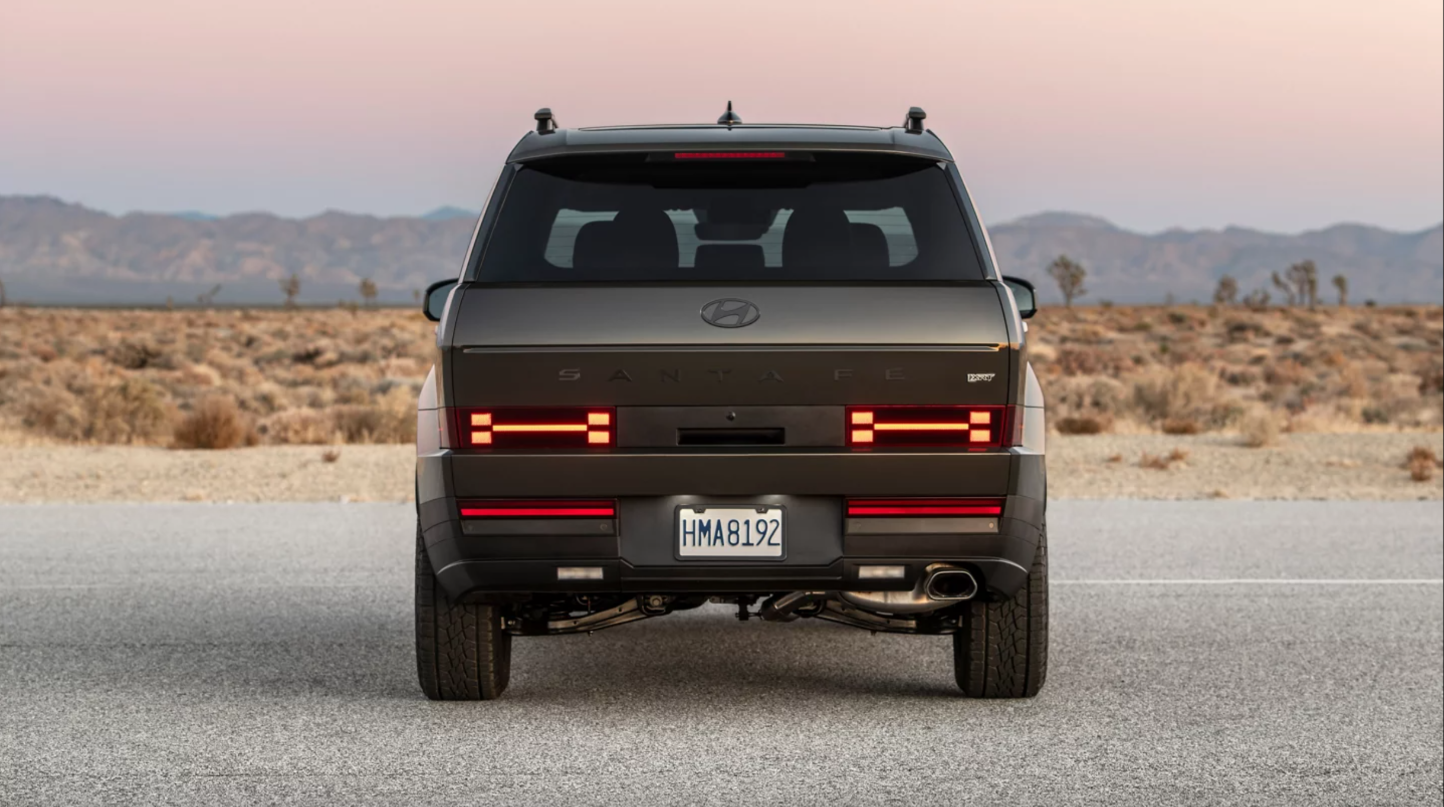 Rear view of a 2026 Hyundai Santa Fe in a desert setting