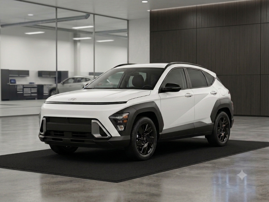 White Hyundai Kona parked in a professional dealership service center showroom